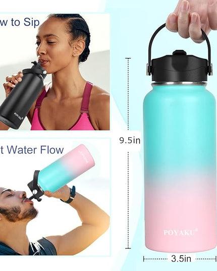 Water Bottle Insulated 32oz 40oz 64oz 128oz Straw Lid Spout Lid & 3 Lids, Leak Proof, Vacuum Insulated,Stainless Steel Water Bottle Wide Mouth for Sports, Gym or Office