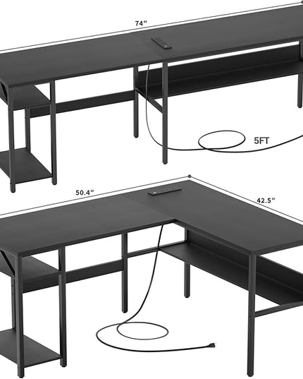 Reversible L Shaped Computer Desk with Power Outlets and USB Charging Ports, Sturdy Corner Desk with Storage Shelf, Modern Work Gaming Table for Home Office, Easy to Assemble, Black