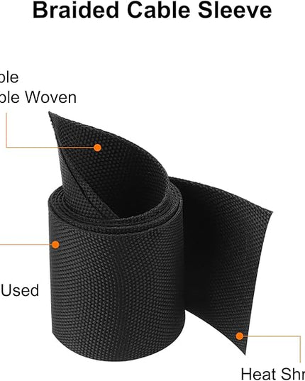 MECCANIXITY Braided Cable Sleeves Heat Shrinkable Fabric Sleeving, 1 9/16" 3ft Black 2:1 Ratio Heat Shrinkable Cord Protector for Harness Cable, Network Cable Protection, Cable Management