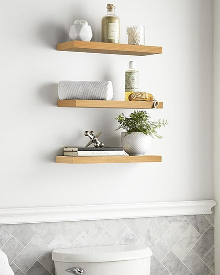 BAYKA Floating Shelves for Wall, 22.5 inches Wall Mounted Rustic Wood Shelves for Bathroom, Bedroom, Living Room, Floating Shelves for Books/Storage/Decor (Light Oak-Toned,Set of 3)
