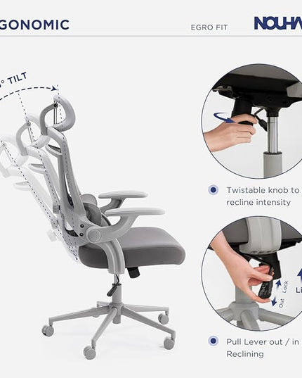Nouhaus Ergo Fit Ergonomic Mesh Office Chair High Back Adjustable Lumbar Support Headrest and Adjustable Flip-up Armrests, Comfy Desk Chairs Swivel Computer Gaming Chair Tilt Function(N20, Grey)