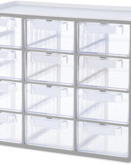 Blue Ginkgo Large 12-Drawer Cabinet – Stackable Clear Organizer for Hardware, Beads, Plastic Bricks, Office, and Craft Storage (Made in Korea, Gray)