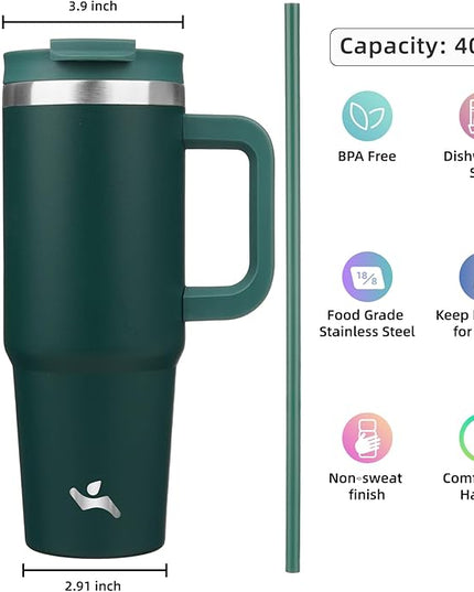 40 oz Tumbler with Handle and 2 Straws,2 in 1 Lid Insulated Water Bottle Stainless Steel Travel Coffee Mug,Dark Green