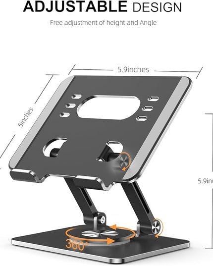 Tablet Stand Holder with Thickened 360°Rotating Base Dual Rod Adjustable Aluminum Stand for All 5.8-12.9” iPad Samsung Phone Tablet Kindle E-Reader and More, Black