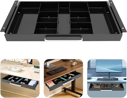 21.5" Under Desk Drawer Slide Out For Office Desk with 2 Dividers, Storage Organizer For Sit Stand Workstation, Black