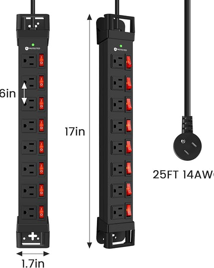 Heavy Duty Power Strip with Individual Switches,8 Outlets 14 Gauge Industrial Shop Garage Metal Multiple Outlets,1200J Surge Protector Mountable Power Strip (Black, 25 FT)