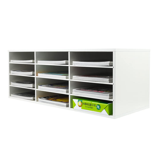 PAG-Mass Mail Sorter Organizer, Wood Countertop Literature Organizer, Student Mailbox for Classroom, Desktop Bill Paper Organizer for Office Home School, 12 Compartments, White