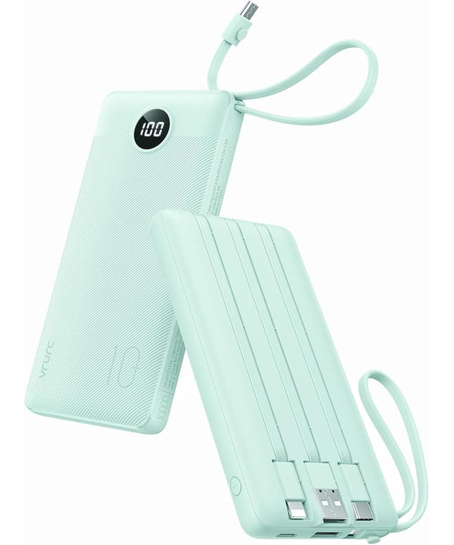 VRURC Portable Phone Charger, Portable Charger USB C 10000mAh, 5 Outputs 2 Inputs Travel Battery Power Bank Built-in Cables Cords for iPhone 17 Pro 17 16 15 14 13,Samsung,Android-Green(1 Pack)