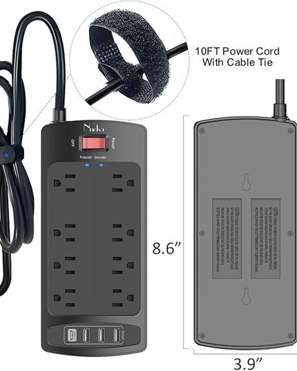 10 Feet Surge Protector Power Strip - Nuetsa Extension Cord(1625W/13A) with 8 Outlets and 4 USB Ports, Flat Plug, 2700 Joules, for Home, School, College Dorm Room, and Office, ETL Listed, Black