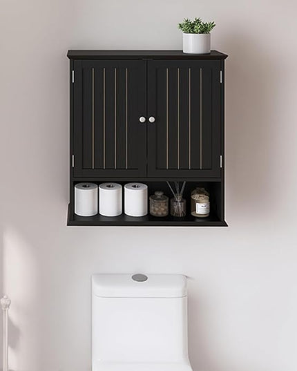 Over The Toilet Bathroom Wall Cabinet with 2 Doors & Open Shelf – Space Saving Medicine Cabinet, Wooden Wall Mounted Storage Cupboard for Bathroom Organization Black