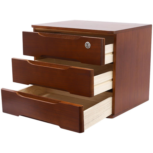 iSamLam Wood Desk Organizer with 3 Drawers, Lockable Desktop Countertop Storage Cabinet for Home Office Supplies File Tabletop Storage Box, 15.35" x 11.81" x 12.2" (Dark Brown)