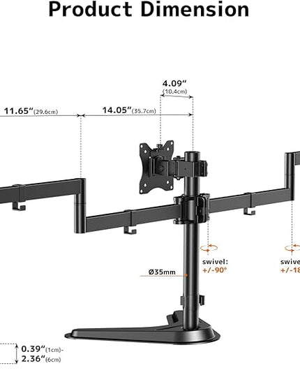 Triple Monitor Stand, Heavy Fully Adjustable Motion Mount Fits 3 Screens up to 27 inche, Free Standing Desk Stand with Base and Cable Management, 22 lbs Weight Capacity per Arm, Black