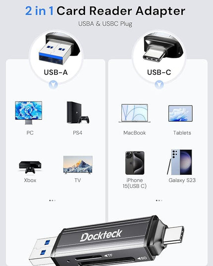 SD Card Reader, Dockteck USB 3.0 Card Reader to Micro SD Card Adapter to SD TF Memory Stick, Dual-Slot OTG Reader for UHS-I SD/Micro SD/SDHC/SDXC/MMC, for MacBook,iPad Pro/Air, iPhone 15, Android