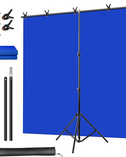 Blue Screen Backdrop Kit, Portable Bluescreen Background with T-Shaped Stand, 5 Clamps & Carrying Bag for Photography, Streaming, Zoom, Gaming, (Blue, 6.5 Feet X 5.0 Feet)