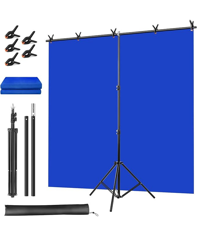 Blue Screen Backdrop Kit, Portable Bluescreen Background with T-Shaped Stand, 5 Clamps & Carrying Bag for Photography, Streaming, Zoom, Gaming, (Blue, 6.5 Feet X 5.0 Feet)