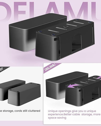 DELAMU 2 Pack Black Cable Management Box Cord Hider Box, Large Power Cord Organizer Box for Gaming Desk, Home, Office, Hide TV Wires, Router Box Hider, Floor Cord Covers, Baby & Pet Friendly