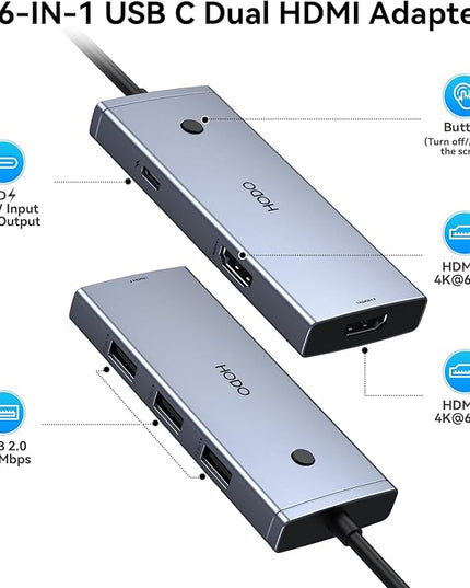 HODO Docking Station to Dual HDMI Monitors Adapter USB C to Dual HDMI Adapter 4K 60 Hz for Laptops Docking Station Dual Monitor with PD 3 USB Port Button Compatible for HP Elitebook Dell XPS 13 15 etc
