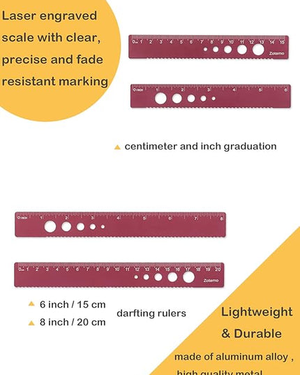 Zotemo Metal Geometry Set, 5-Piece Aluminum Ruler, Math Drafting Ruler Kit Includes Protractor, Triangle Rulers, Straight Rulers-Math Measurement Tools for School and Office Supplies (Plum Red)