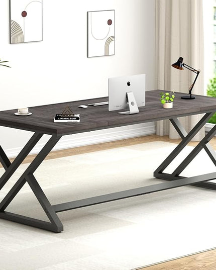 LVB Long Rustic Computer Desk, Industrial Large Wood Metal Office Desk, Modern Pc Study Gaming Writing Table for Two Person, Workstation Executive Desk for Home Bedroom Living Room, Dark Gray, 70 Inch