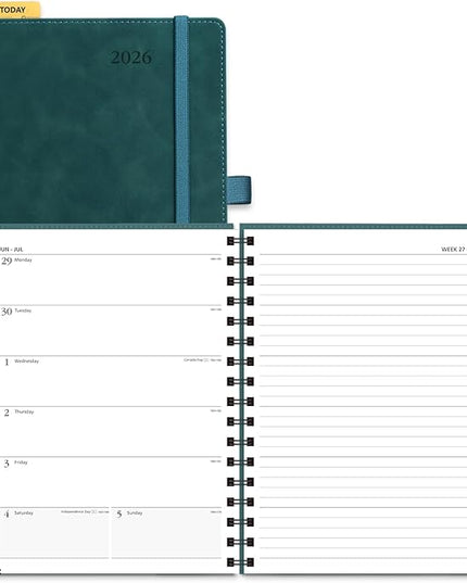 POPRUN 2026 Planner Weekly Notebook (Jan-Dec), Medium 8.5''x 6.5'' - Agenda 2026 Calendar Book with Monthly Tabs, Inner Pocket, Spiral Soft Cover, 100 GSM - Petrol