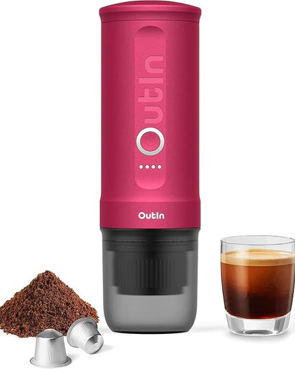 OutIn Nano Portable Electric Espresso Machine, Travel Coffee Maker for Camping, Car Coffee Maker Self-Heating with USB-C, With Ground Coffee & NS Capsule for RV, Hiking, Office