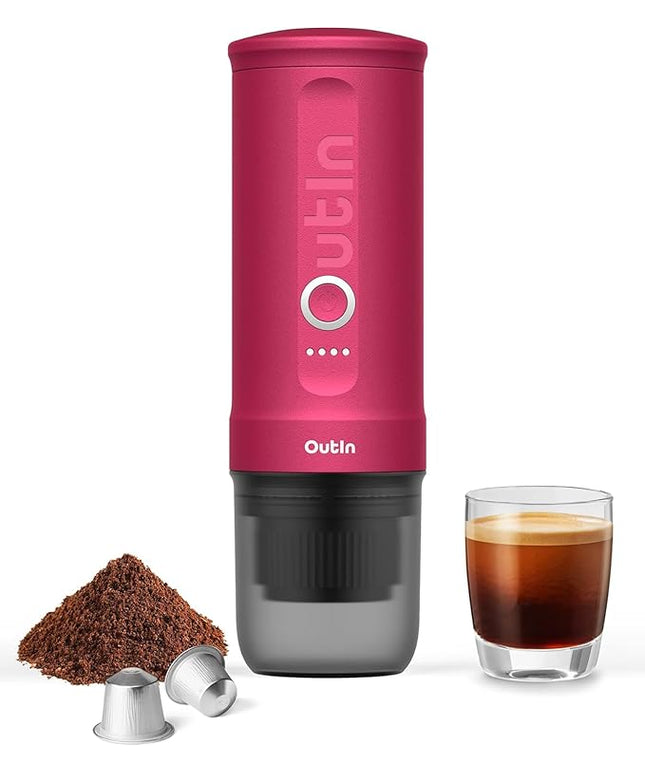 OutIn Nano Portable Electric Espresso Machine, Travel Coffee Maker for Camping, Car Coffee Maker Self-Heating with USB-C, With Ground Coffee & NS Capsule for RV, Hiking, Office