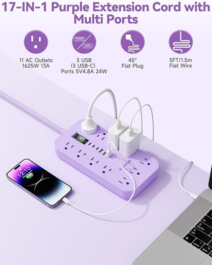 Purple Extension Cord with Multiple Outlets- 5 FT Lavender Power Strip, Girls Extension Cord with 11 AC Outlet 6 USB (24W/4.8A), Charging Station for Purple Women Lavender Desk Decor Essentials Gifts