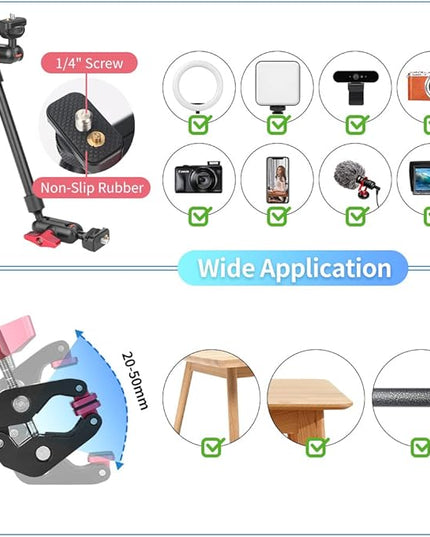 13"/34cm Magic Arm w Clamp, Camera Mount & Clamp w 1/4" 3/8" Threads and Articulating Friction Magic Arm, Overhead Phone Mount, Camera Boom Arm Mount for Light Webcam Mic Action Camera Monitor
