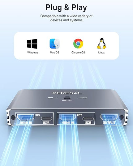 USB KVM Switch with Remote Control, HDMI Switch, 4K@60Hz KVM Switches for 2 Computers Sharing 1 Monitor, 4 USB Devices Such as Keyboard, Mouse, Printer, Scanner, Includes 2 USB-B Cables