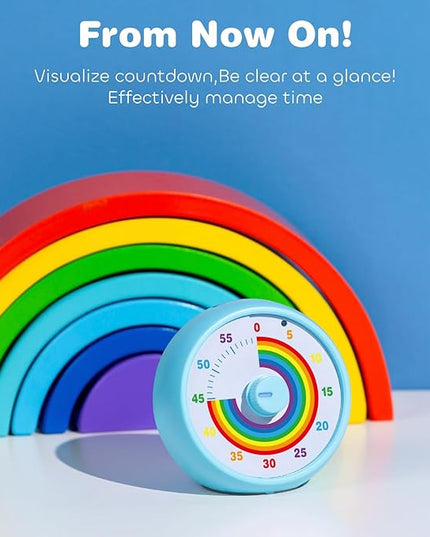 Visual Timer for Kids, 60-Minute Countdown for Classroom Office Kitchen, Desk Timer Kids Time Management Tools with Silent Operation, Pomodoro Timer Rainbow Pattern(Blue)