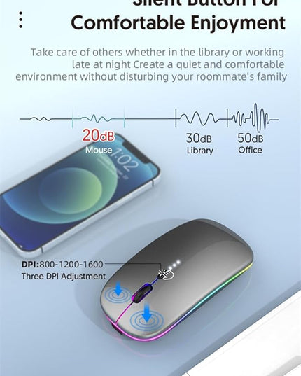 Wireless Bluetooth Mouse Rechargeable Laptop Mouse Portable LED Powered Display Computer Mice Use(BT5.2 or USB 2.4G) Dual Mode Connection Silent Slim Mice for Laptop Tablet/MacBook/PC (Silver)