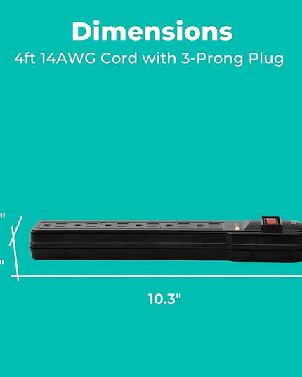 KMC 6-Outlet Surge Protector Power Strip 2-Pack, 900 Joules, 4-Foot Extension Cord, Overload Protection, Black
