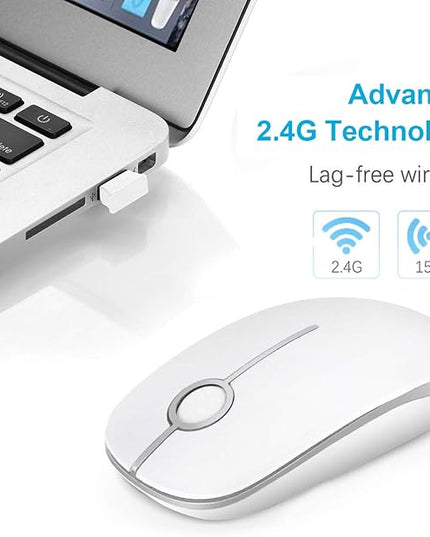 VssoPlor Wireless Mouse, 2.4G Slim Portable Computer Laptop Mouse with Nano Receiver Quiet Silent Optical Mice for Notebook, PC, Laptop, Computer-White and Silver