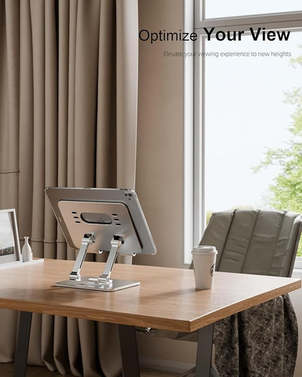 Tablet Stand Holder with Thickened 360°Rotating Base Dual Rod Adjustable Aluminum Stand for All 5.8-12.9” iPad Samsung Phone Tablet Kindle E-Reader and More, Silver
