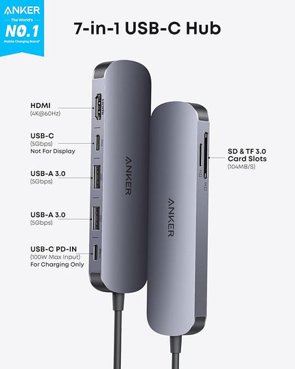 Anker USB C Hub, 7-in-1 Multi-Port USB Adapter for Laptop/Mac, 4K@60Hz USB C to HDMI Splitter, 85W Max Power Delivery, 3xUSBA & C 3.0 Data Ports, SD/TF Card, for Type C Devices (Charger Not Included)