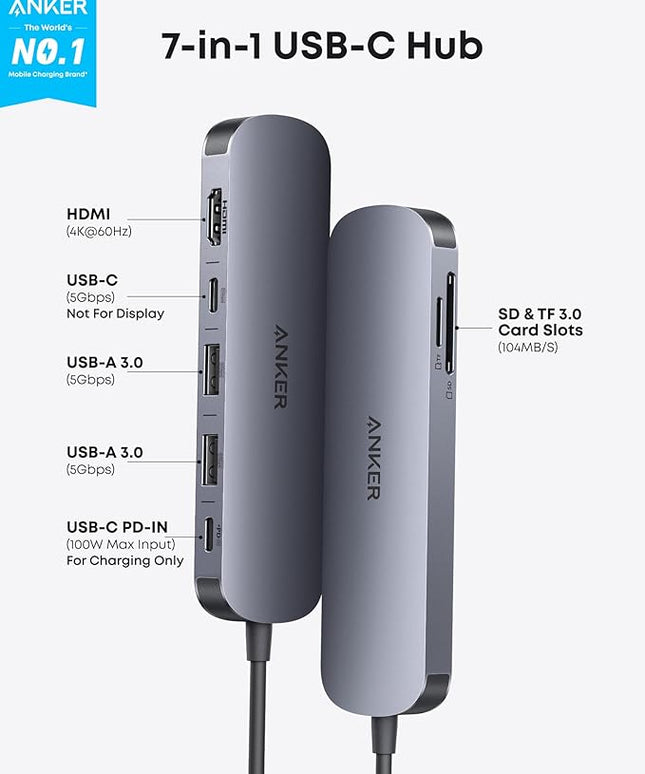 Anker USB C Hub, 7-in-1 Multi-Port USB Adapter for Laptop/Mac, 4K@60Hz USB C to HDMI Splitter, 85W Max Power Delivery, 3xUSBA & C 3.0 Data Ports, SD/TF Card, for Type C Devices (Charger Not Included)
