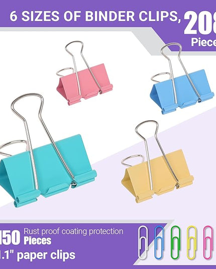 Binder Clips & Paper Clips Combo, 208 PCS Binder Clips (6 Sizes) + 150 PCS Paper Clips – Multicolor for Office, Home & School Supplie (Polychrome)