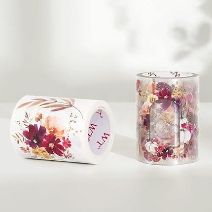 WT Autumn Rose Wide PET Tape, Single Roll, Original Designs, Floral Decorative Tape, Transparent Craft Tape for Bujo Planner & DIY Supplies, Watercolor Flowers