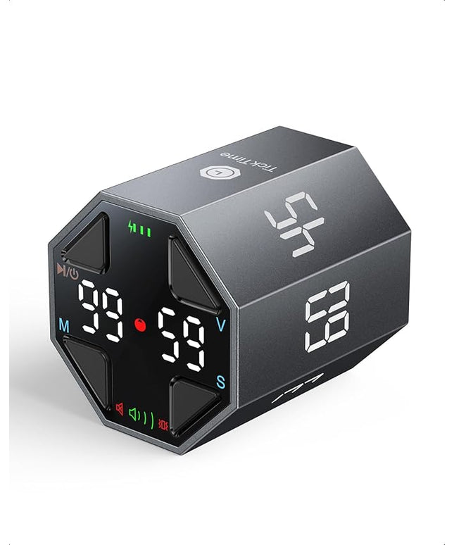 Pomodoro Timer Cube, Custom Pomodoro, Pause & Resume, Silent, Vibrate & Adjustable Sound Alert, for ADHD, Task, Work, Study, 3/5/10/15/30/45/60min & Custom Countdown,Gray