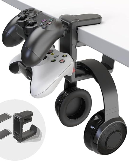 3-in-1 PC Gaming Headset&Controller Holder - EURPMASK Headphone Stand w/Adjustable Clamp&2 Controller Holder&Rotating Arm&Cable Organizer, Universal PC Gaming Accessory Controller Headset Stand-Black