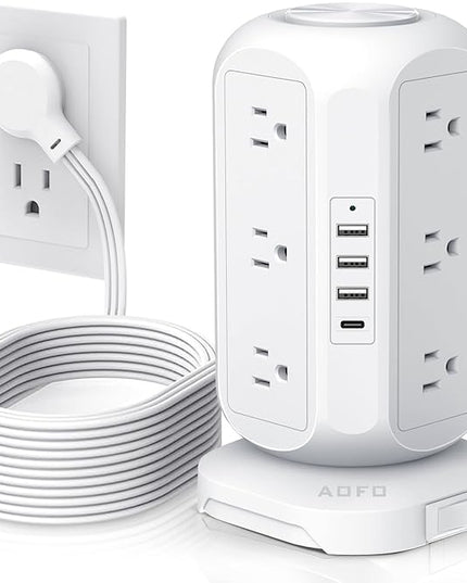 15 ft Long Extension Cord Power Strip Tower,AOFO Surge Protector 12 AC Outlets 4 USB(1 USB C) Ports, Charging Tower Overload Protection with Multiple Outlets for Home Dorm Office