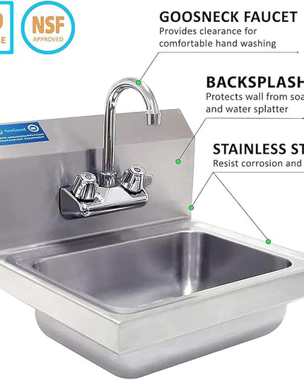 Express KitchQuip Commercial Hand Wash Sink – 15" x 17" Wall Mounted Stainless Steel Basin with Gooseneck Faucet | NSF Certified