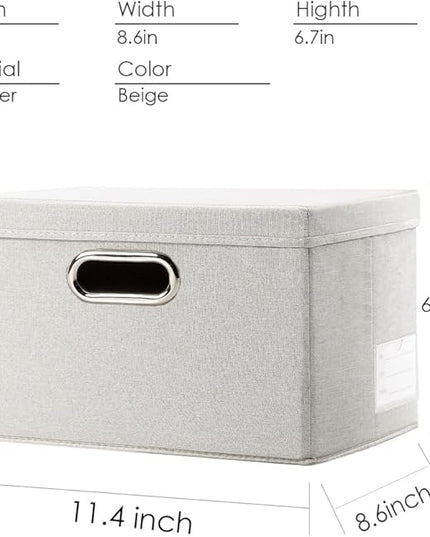 PRANDOM Storage Boxes with Lids [3-Pack] Linen Fabric Foldable Storage Bins Organizer Containers Baskets Cube with Cover for Closet Office Nursery Beige（11.4X8.6X6.7