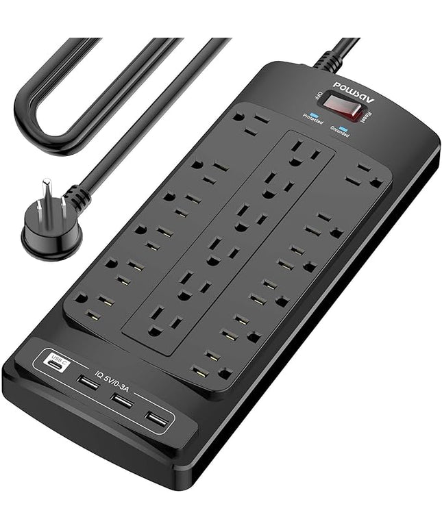 18 Outlets Surge Protector Power Strip - 15 Feet Flat Plug Heavy Duty Extension Cord with 18 Widely Outlets and 4 USB Ports, 2100 Joules, Black, ETL Listed
