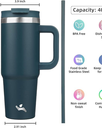 40 oz Tumbler with Handle and 2 Straws,2 in 1 Lid Insulated Water Bottle Stainless Steel Travel Coffee Mug,Navy blue