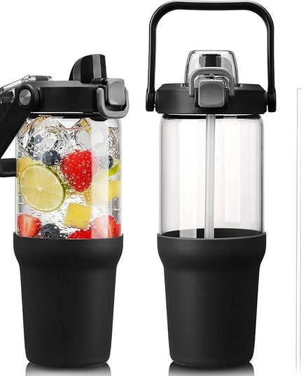 Glass Tumbler with Carry Handle, Clear Glass Water Bottle with Leakproof Lid, Spout Lid&Straw, BPA-Free, 32 oz, Black