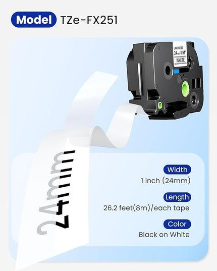 Replacement for Brother TZe-FX251 P Touch Flexible-ID Tape 24mm 0.94 Laminated White TZe TZ Flexible Label Tape 1 Inch for PT-D600, PT-D610BT, PT-P700, PT-P910BT, Black on White, 26.2 Feet, 4-Pack