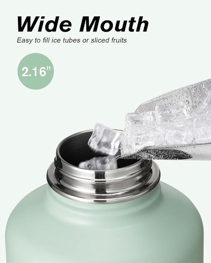 Coolflask Water Bottle 32 oz Insulated with Straw, Stainless Steel Metal 3 Lids Water Flask Wide Mouth for Sports or Office, Non-BPA Keep Cold Up to 48 Hrs or Hot Up to 24 Hrs, Grey Green