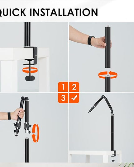 TARION Camera Desk Mount Overhead: Articulated Camera Arm Stand with Clamp 3/8'' 1/4'' Screws Adjustable Table Mount Flexible Gear Joints for DSLR, Phone, Projector TKA01-L (Upgraded Version)