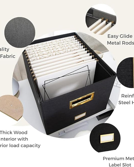 BLU MONACO Hanging File Box with Lid – Black Document Organizer | Portable Storage Box for Letter & Legal Size Paperwork | Stackable Engineered Wood File Organizer for Home or Office